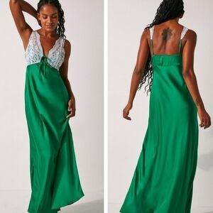 Free People NWOT Satin Gown Green White Lace XS